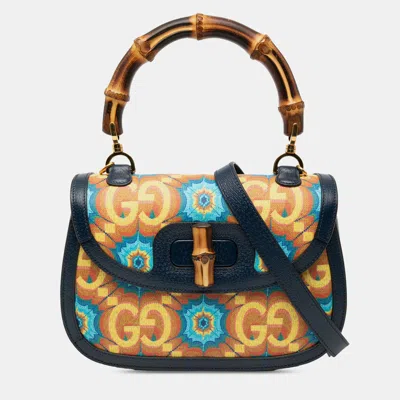 Pre-owned Gucci Blue 100th Anniversary Medium Gg Coated Canvas Kaleidoscope 1947 Bamboo Top Handle Bag