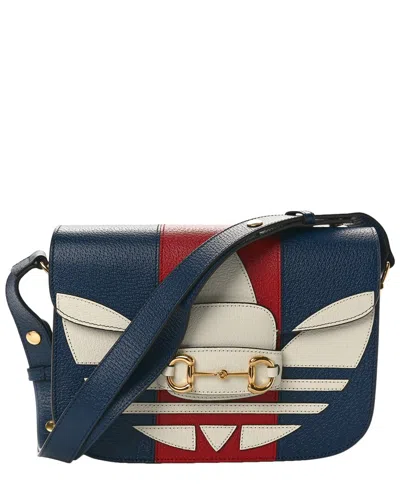 Gucci Blue Agata Hibiscus Red White Calfskin Leather X Adidas Horsebit 1955  Shoulder Bag (authentic