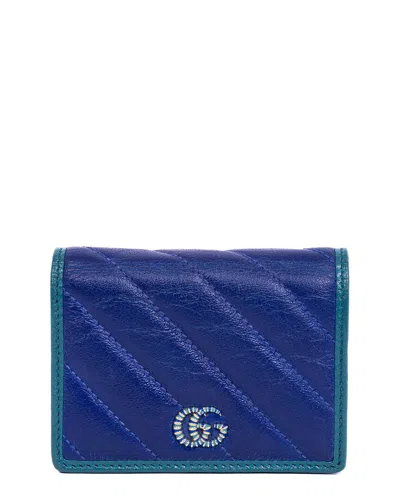 Pre-owned Gucci Blue & Green Calfskin Quilted Leather Marmont Card Case Bifold  (authentic Pre-loved)