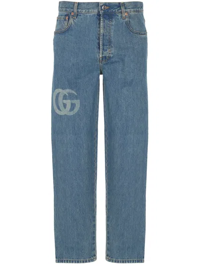 Gucci Blue And Ivory Button Fly Trousers In Blue/ivory