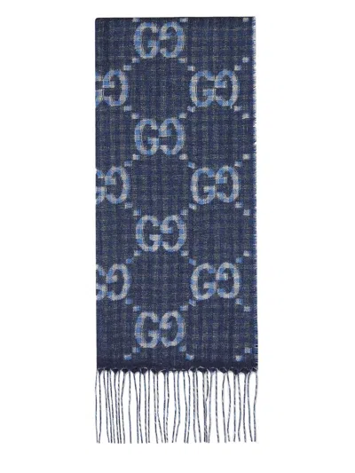 Gucci Blue And Ivory Wool Scarf With Gg Motif And Fringed Hems