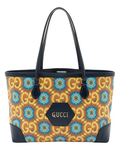 GUCCI GUCCI BLUE & MULTI GG KALEIDOSCOPE CANVAS & LEATHER 100TH ANNIVERSARY MEDIUM  TOTE (AUTHENTIC PRE-LO