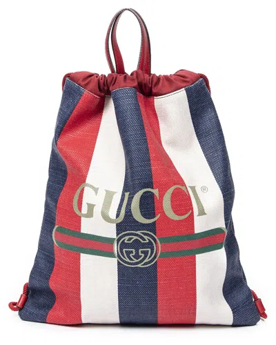 Pre-owned Gucci Blue & Red & White Logo Print Canvas Striped Drawstring Backpack  (authentic Pre-loved)