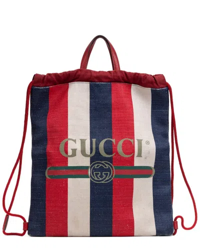 Pre-owned Gucci Blue & Red & White Logo Print Canvas Striped Drawstring Backpack  (authentic Pre-loved)