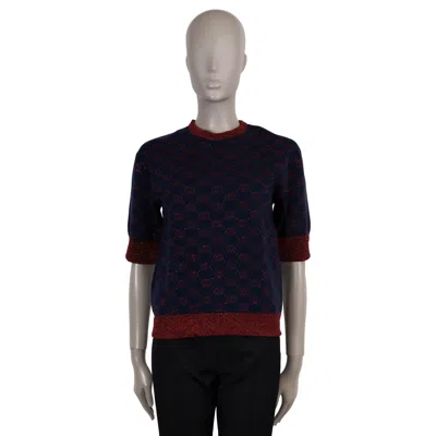 Pre-owned Gucci Blue & Red Wool Lame Gg Jacquard Short Sleeve Sweater Xs