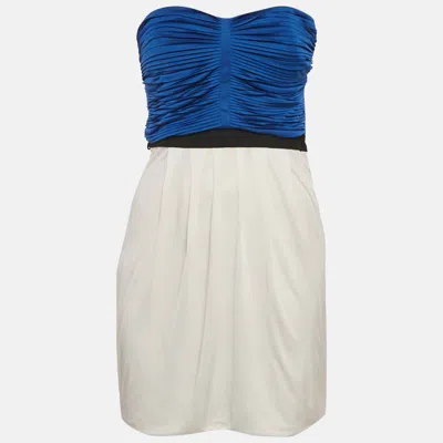 Pre-owned Gucci Blue & White Jersey Pleated Strapless Mini Dress S