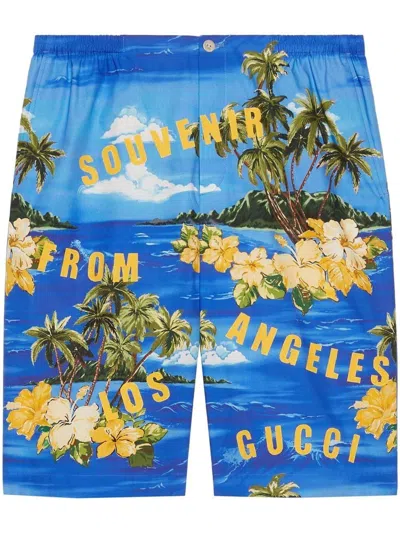 Gucci Blue And Yellow Ocean Palms Short Pants For Men In Green