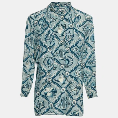 Pre-owned Gucci Blue Architectural Kaleidoscope Print Silk Neck Tie Blouse M
