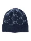Gucci Blue Beanie With All-over Gg Motif In Cashmere Woman In Multicolor