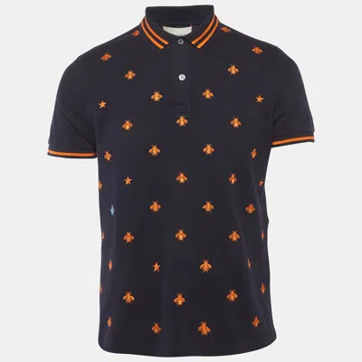 Pre-owned Gucci Blue Bee Embroidered Pique Polo T-shirt L