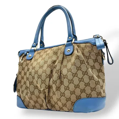 Pre-owned Gucci Blue Brown Canvas Handbag Shoulder Bag () In Multi
