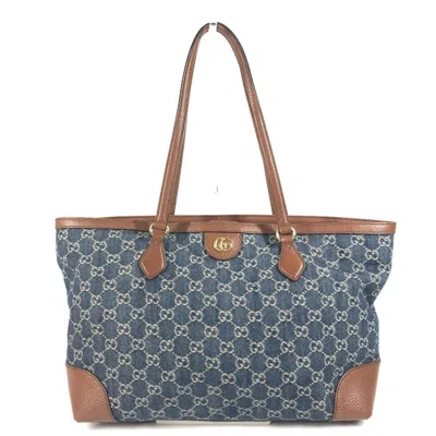 Pre-owned Gucci Blue Brown Denim Leather Shoulder Bag Tote Bag () In Multi