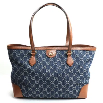 Pre-owned Gucci Blue Brown Denim Leather Tote Bag () In Blue, Brown