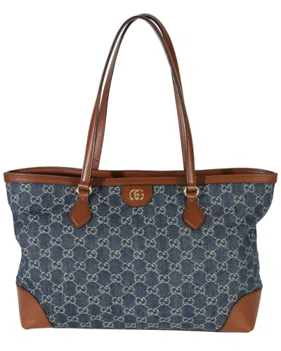 Pre-owned Gucci Blue; Brown Leather; Denim New Denim Gg Monogram Dollar Medium Ophidia  Shopping Tote (authent