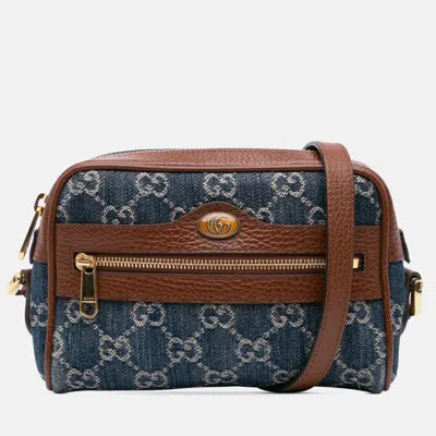 Pre-owned Gucci Blue Brown Mini Gg Denim Ophidia Crossbody