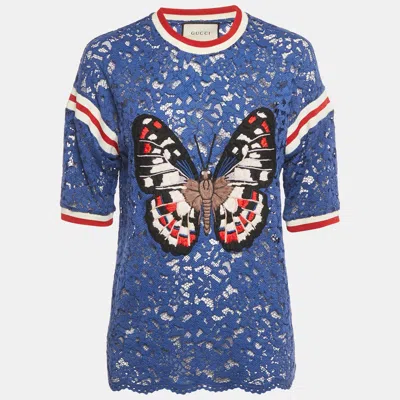 Pre-owned Gucci Blue Butterfly Applique Lace Crewneck T-shirt L