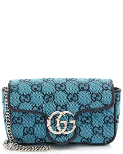 Pre-owned Gucci Blue Canvas, Black Leather Gg Marmont Mini Flap Bag (authentic Pre-loved)