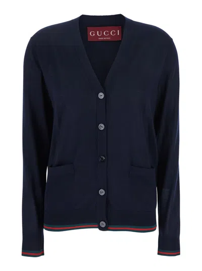 Gucci Women Blue Cardigan With Web Detail On The Edges In Cashmere And Silk Blend Woman
