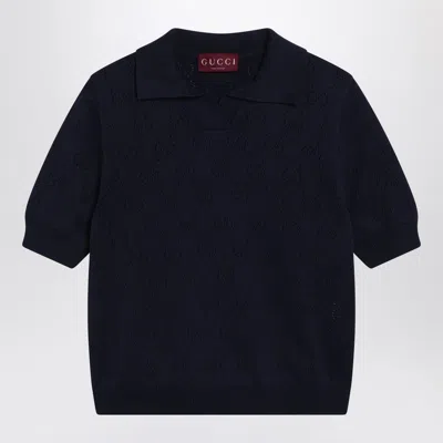 Gucci Blue Cotton And Silk Pointelle Polo Shirt With Gg Motif