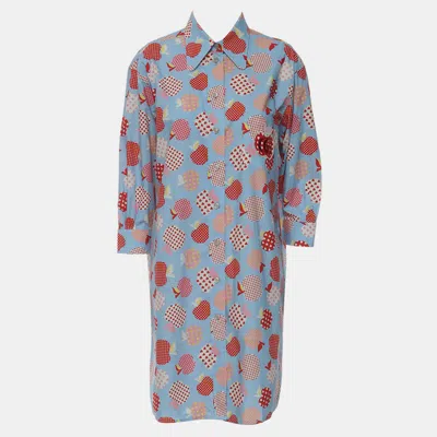Pre-owned Gucci Blue Cotton Apple Printed Shirt Dress
