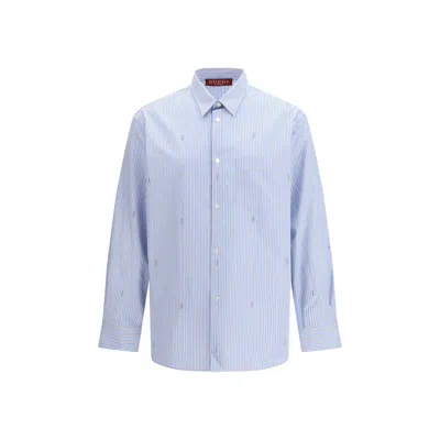 Gucci Striped Embroidered Poplin Shirt In Blue