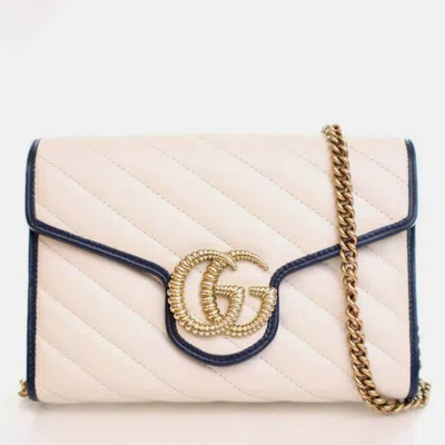 Pre-owned Gucci Blue /cream Calfskin Gg Marmont Wallet On Chain
