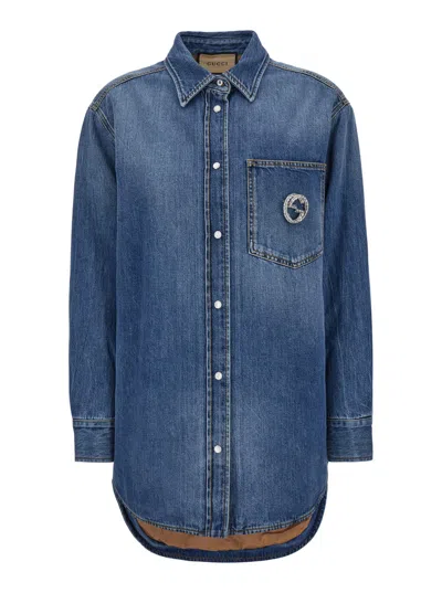 Gucci Blue Denim Logo Jacket In Cotton Woman In Multicolor
