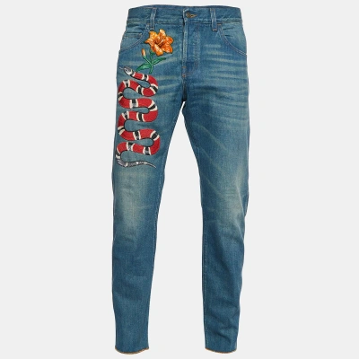 Pre-owned Gucci Blue Denim Snake Embroidered Regular Fit Jeans L/waist 37"