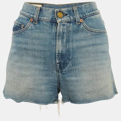 Pre-owned Gucci Blue Denim Strawberry Applique Shorts S/waist 25"
