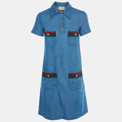 Pre-owned Gucci Blue Denim Web Trim Mini Shirt Dress Xs