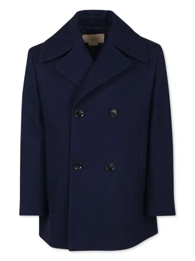 GUCCI BLUE DOUBLE-BREASTED COAT WITH REAR WEB AND LOGO PRINT IN WOOL BLEND BOY