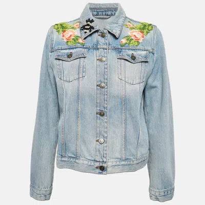 Pre-owned Gucci Blue Embroidered Denim Jacket M