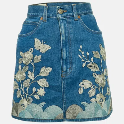 Pre-owned Gucci Blue Embroidered Denim Mini Skirt M