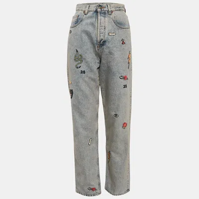 Pre-owned Gucci Blue Embroidered Denim Straight Leg Jeans S Waist 27"