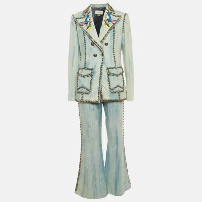 Pre-owned Gucci Blue Embroidered Denim Stud Detail Jacket And Jeans Set L/m