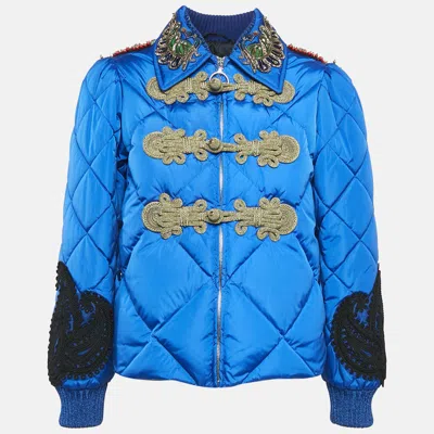 Pre-owned Gucci Blue Embroidered Nylon Quilted Jacket S