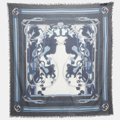 Pre-owned Gucci Blue Equestrian Belt Print Cotton Voile Fringed Square Scarf