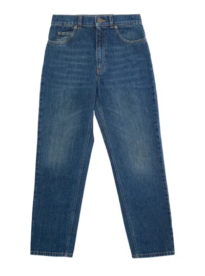 Gucci Kids' Blue Five Pocket Jeans With Logo Patch In Denim Boy