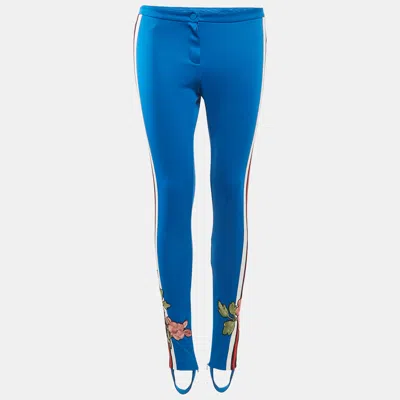 Pre-owned Gucci Blue Floral Applique Jersey Stirrup Trousers Xs