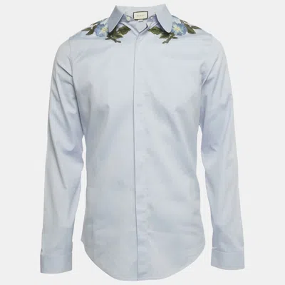 Pre-owned Gucci Blue Floral Applique Oxford Cotton Shirt M