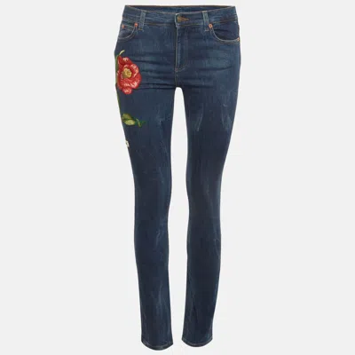 Pre-owned Gucci Blue Floral Embroidered Denim Skinny Jeans S/waist 27"