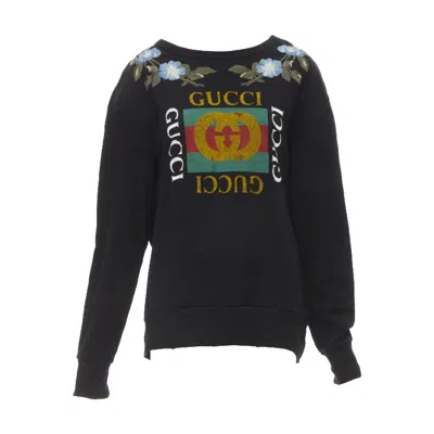 Pre-owned Gucci Blue Floral Embroidered Vintage Logo Loved Studded Distressed Sweatshirt S