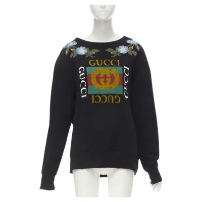 Pre-owned Gucci Blue Floral Embroidered Vintage Logo Loved Studded Distressed Sweatshirt S