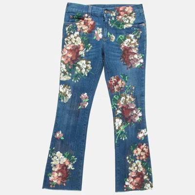 Pre-owned Gucci Blue Floral Hand Painted Denim Jeans Xs Waist 23"