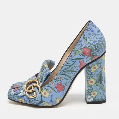 Pre-owned Gucci Blue Floral Print Leather Gg Marmont Fringe Pumps Size 36