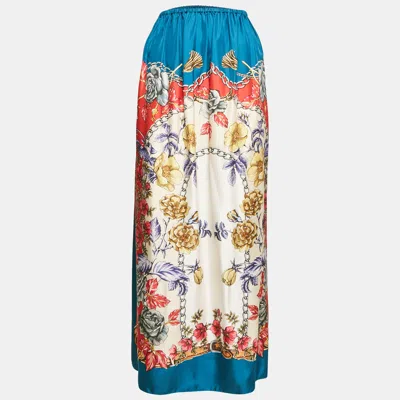 Pre-owned Gucci Blue Floral Print Silk Maxi Skirt S