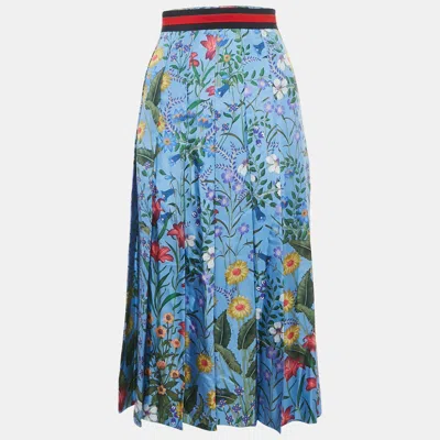Pre-owned Gucci Blue Floral Printed Silk Pleated Midi Skirt S