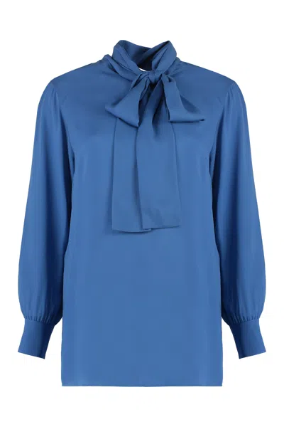 GUCCI BLUE GEORGETTE PUSSY-BOW SHIRT WITH LOGO DETAIL BUTTONS AND BUTTONED CUFFS
