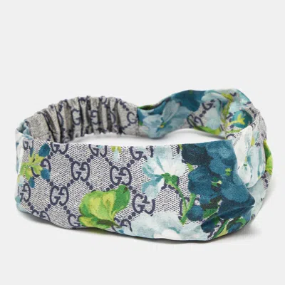 Pre-owned Gucci Blue Gg Blooms Print Silk Headband