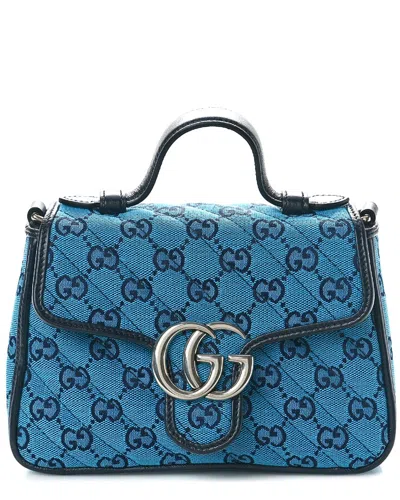 Gucci Blue Gg Canvas Diagonal Mini Gg Marmont Top Handle Shoulder Bag (authentic Pre-loved)